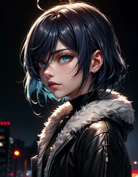 masterpiece,detailed,High resolutions:1.4) , Photo of the model, close, Detailed face, Thin and detailed eyes,, (Kirishima Touka),medium blue hair,eye ghoul,retro jacket,Tokyo Ghoul,Retrofuturistic background,  vibrant colors , hdr ,