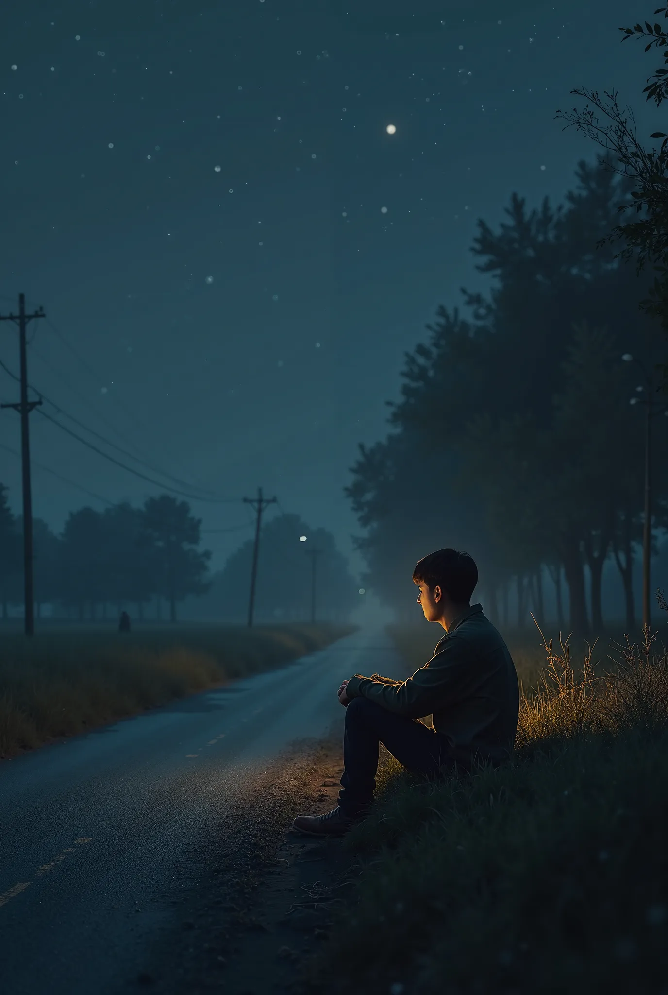 A man sitting in the light at night on the bank of road