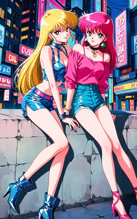 [gyaru:1.3], cool beauty, 2 women, long hair, slender body, rest, retro future Japan, cyber fashion, urban ,