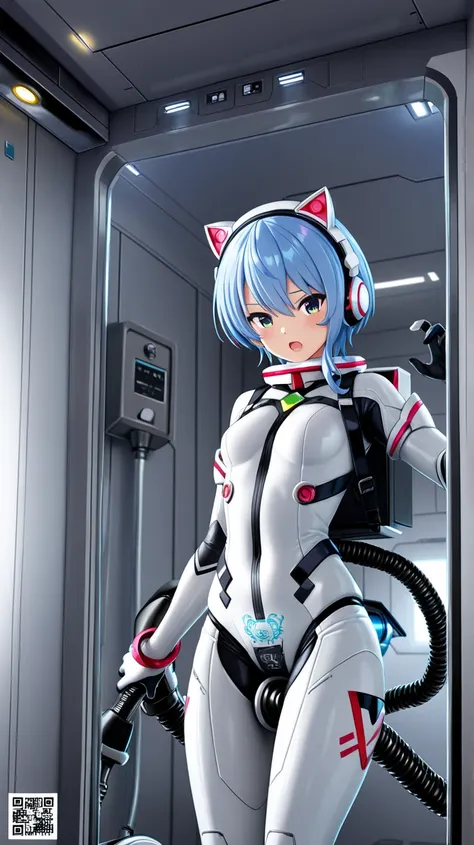 1girl,light blue hair,short hair,green eyes,solo,she in white sleek bodysuit with black joint and gray joint accents,floating midair in zero gravity,from front view, looking at the viewer with a flustered expression,open mouth,wide eyes,wearing cat-ear hea...