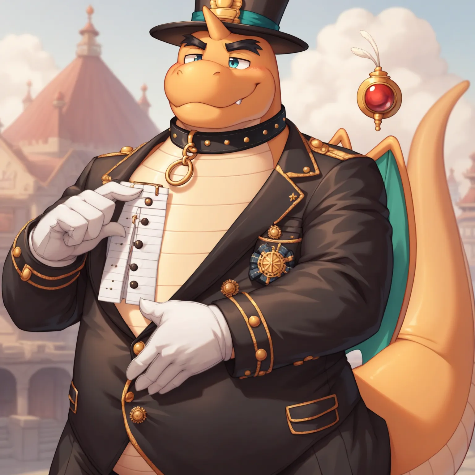 Solo, Male Scribble Dragonite,(Dragonite),Chubby,(Black eyebrows:1.1),(Perfect eyes), scaly skin，（artist:Takemoto Arashi），steampunk, Gentleman, top-hat, Outside background，（Leather Collar:1.3），leather collar has a round collar-tag, round collar-tag, (White...