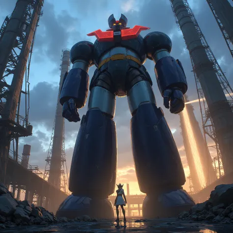  Modified Mazinger Z ,  Mazinger Z is 100 meters tall.   is built with modern materials such as steel ,   Carbon Fiber  ,   Other industrial elements are also visible  ,  Just like the real thing  ,   I'm standing in front of a tall tower where high voltag...