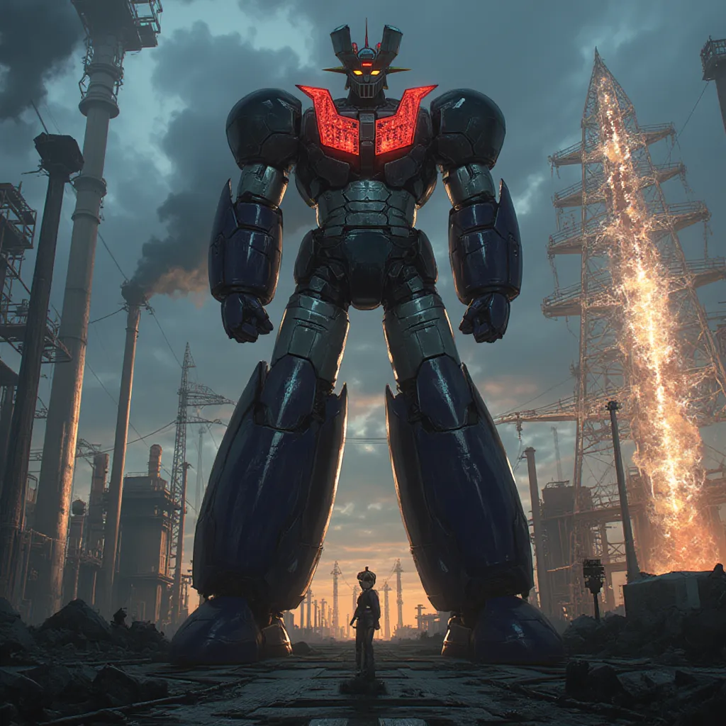  Modified Mazinger Z ,  Mazinger Z is 100 meters tall.   is built with modern materials such as steel ,   Carbon Fiber  ,   Other industrial elements are also visible  ,  Just like the real thing  ,   I'm standing in front of a tall tower where high voltag...