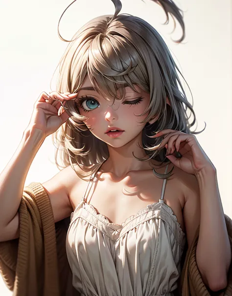 masterpiece, best quality, (score_9, score_8_up, score_7_up), 1girl, solo, portrait, FrierenSleepwear, green eyes, white hair, long hair, messy hair, white dress, spaghetti straps, sleeveless dress, brown cardigan, standing, hand scratching eye, one eye cl...