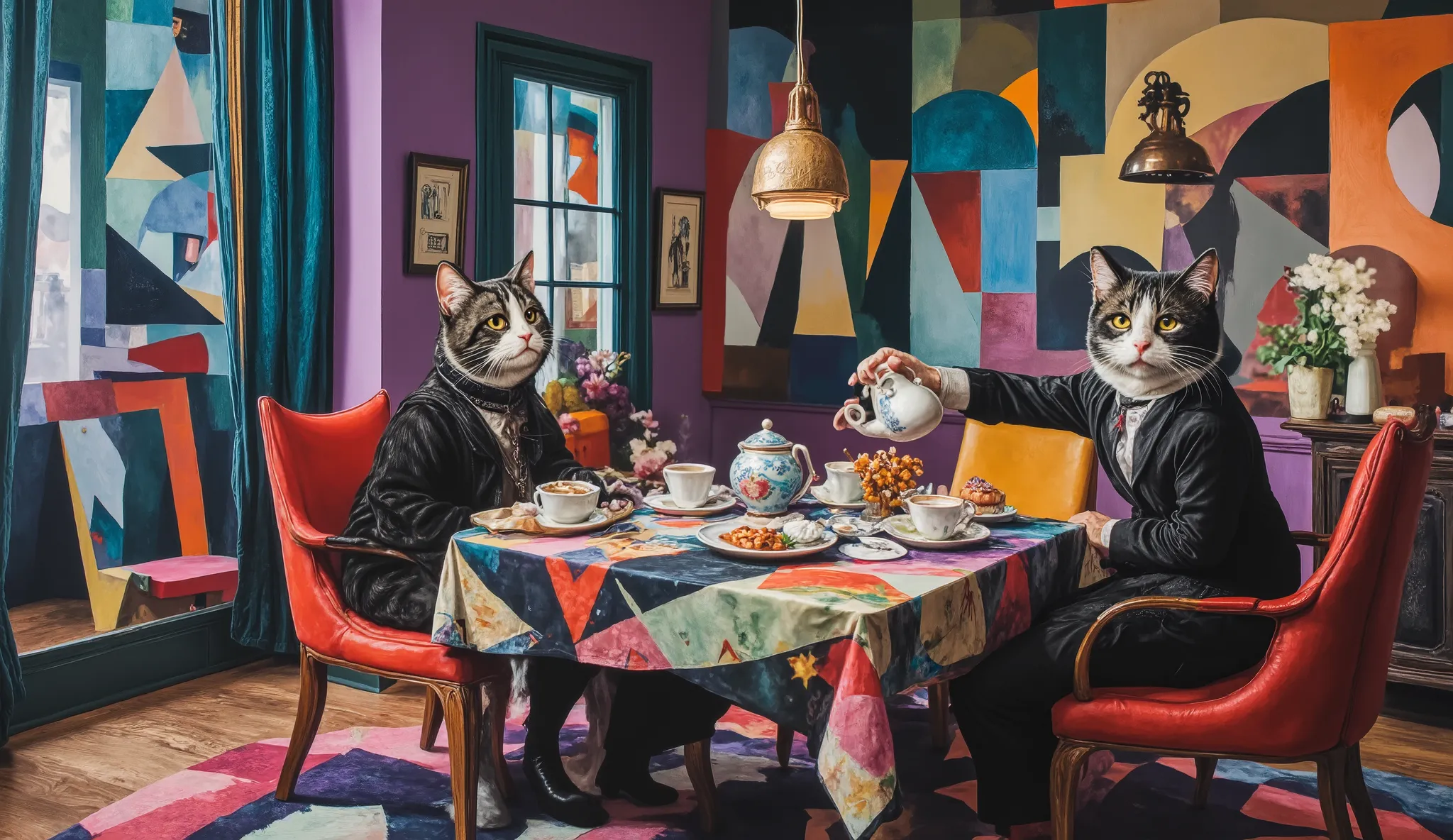 Abstract tea party in a surreal cubist room. The cat, rendered with sharp angles and asymmetrical features, sits on a chair that appears both flat and dimensional, while its owner pours tea from a teapot with distorted proportions. The room is filled with ...