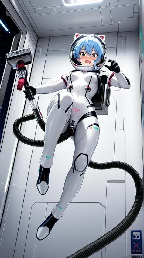 1girl,light blue hair,short hair,green eyes,solo,she in white sleek bodysuit with black joint and gray joint accents,floating midair in zero gravity,from front view, looking at the viewer with a flustered expression,open mouth,wide eyes,wearing cat-ear hea...