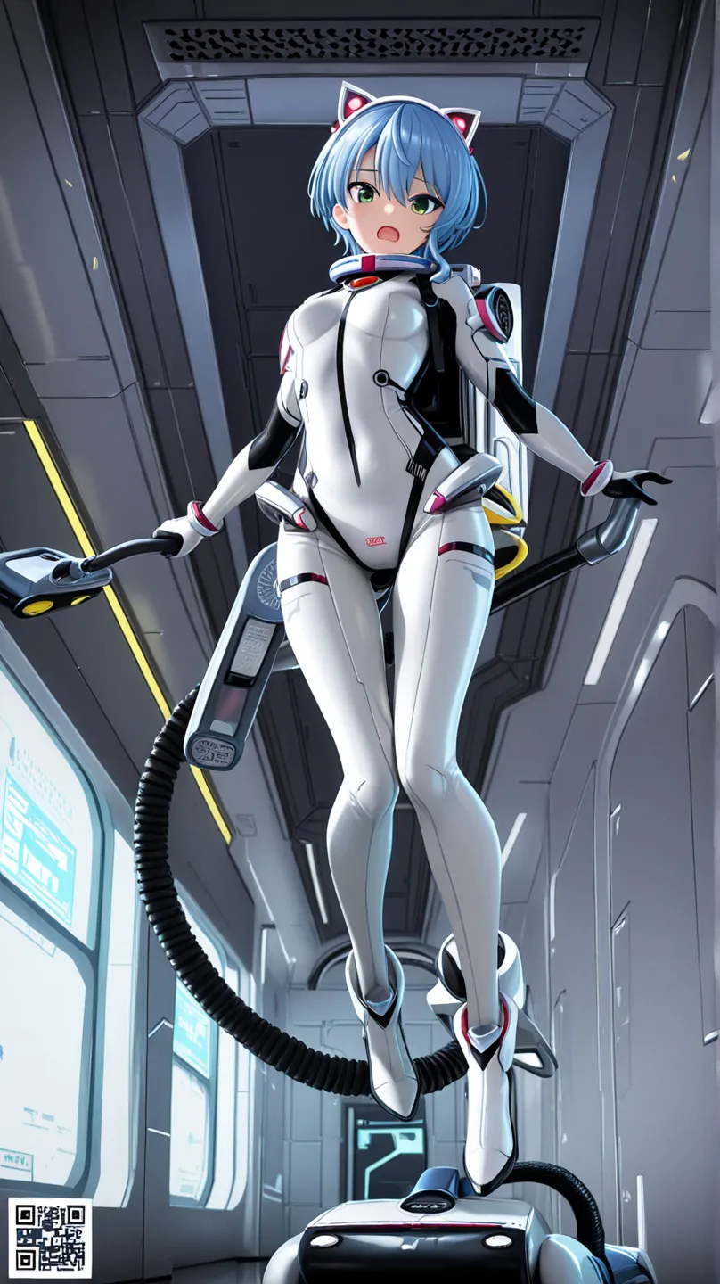 1girl,light blue hair,short hair,green eyes,solo,she in white sleek bodysuit with black joint and gray joint accents,floating midair in zero gravity,from front view, looking at the viewer with a flustered expression,open mouth,wide eyes,wearing cat-ear hea...