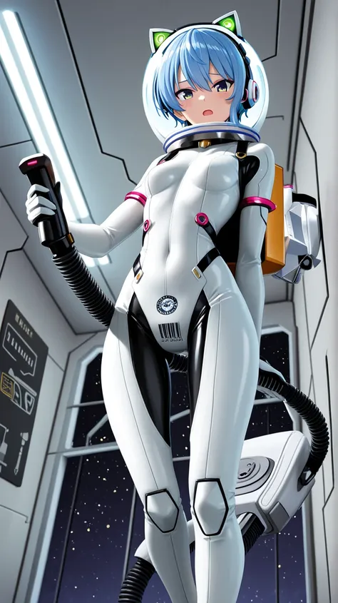 1girl,light blue hair,short hair,green eyes,solo,she in white sleek bodysuit with black joint and gray joint accents,floating midair in zero gravity,from front view, looking at the viewer with a flustered expression,open mouth,wide eyes,wearing cat-ear hea...