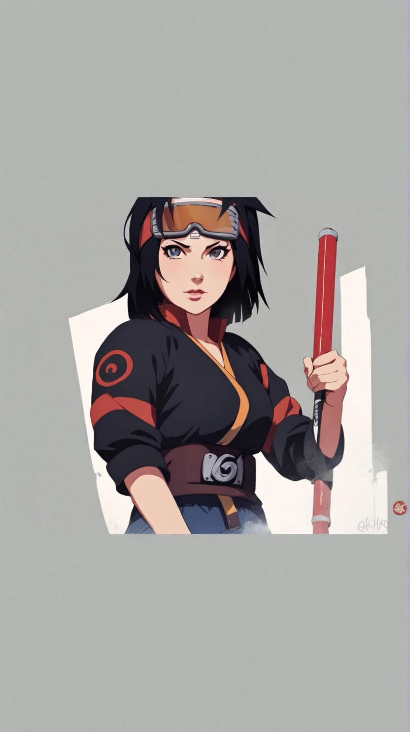 WAVY short hair, Kunoichi in, with Obito's glasses on the FOREHEAD. Create her body, and outfit inspired by the Naruto style (in front)