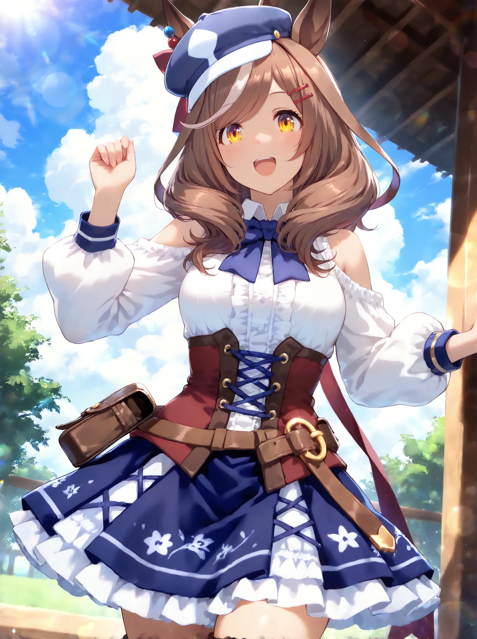  masterpiece, TOP QUALITY,  ridiculous,
Matikane Tannhauser \(Uma Musume\), 1 girl,  horse ears,  Mahogany, brown lace up boots,  red hair clip, viewers, smile,  open your mouth, Puffy Long Sleeves, :d,  brown belt,  brown belt pouch, ears through wearable...