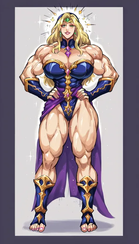 ((Fullbody view)), ((from toes to head)), (((blonde woman))), she is very muscular and beautiful, massive bulging musculature, she wears (glittering fantasy robes: 1.7), she flexes her mighty muscles, blonde as fantasy sorceress, massive traps biceps and q...