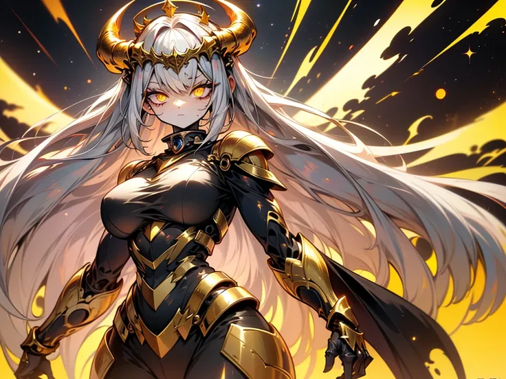 best quality, 8k wallpaper, 1 girl, Alone, white hair, (absurdly long hair), big breasts, golden eyes, expressionless, pale skin, Goddess wings, horns (in the form of a crown), space, nebula, Planets, dark golden energy, white cloak, bare shoulders, half-c...