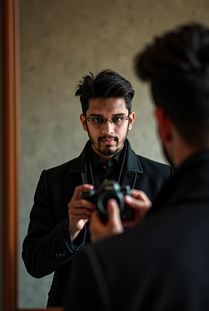 An image of a man with black hair in a coat in his 30s taking a picture in the mirror with a young Mullet haircut 