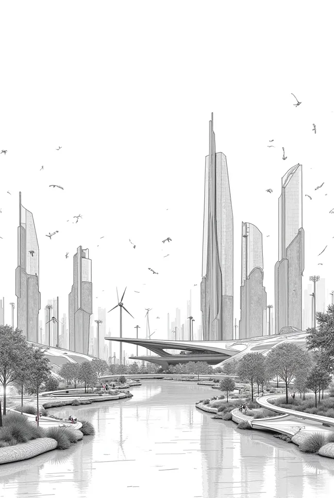 A futuristic concept with sustainable cities, Advanced technologies and green energy. Black and white drawing 