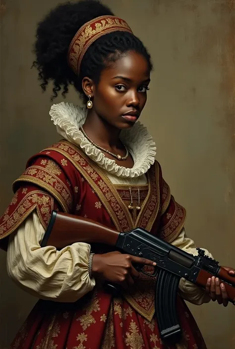 Crée une illustration dans style peinture à l’huile du 16eme siècle.
 Une femme de couleur noire, habillée à l’époque du 16eme siècle avec une arme moderne : une Ak47.
On ne doit pas voir son visage, seulement une partie.
Merci