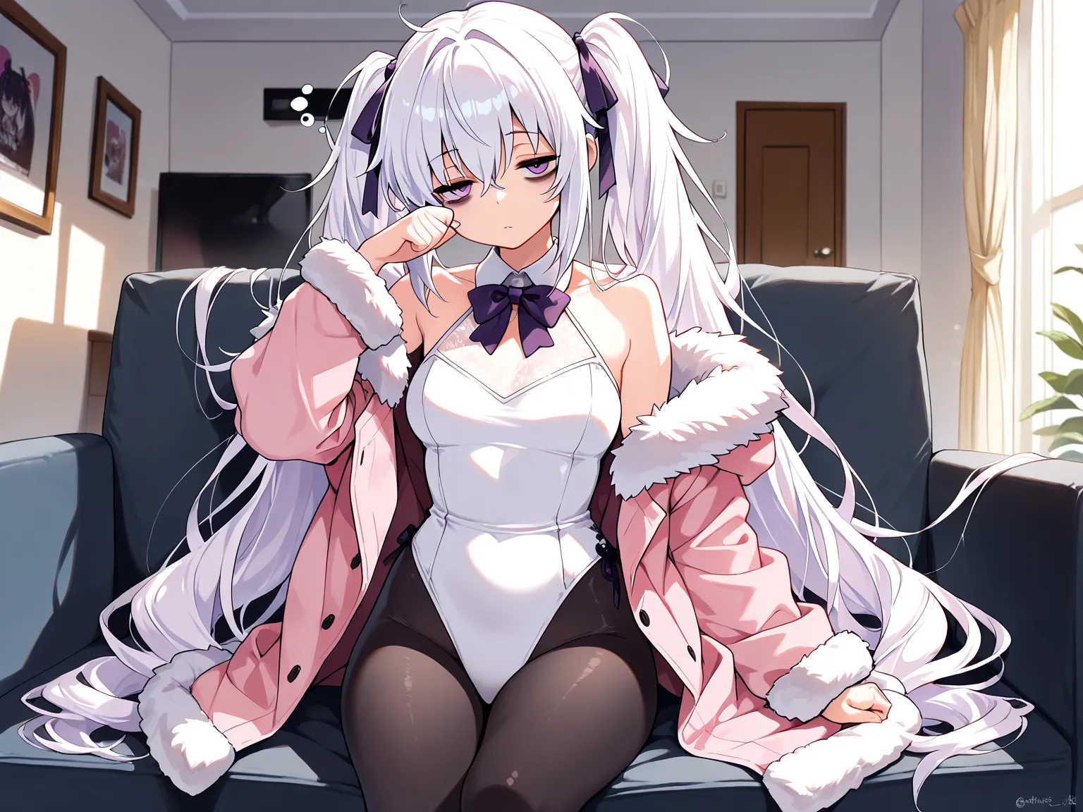 1girl, white hair, very long hair, twintails, purple eyes, bags under eyes, hair ribbon, sleepy, pink coat, open coat, fur-trimmed coat, fur-trimmed sleeves, white halter leotard, sleeveless, wing collar halter, bowtie, black pantyhose, living room,, (mast...