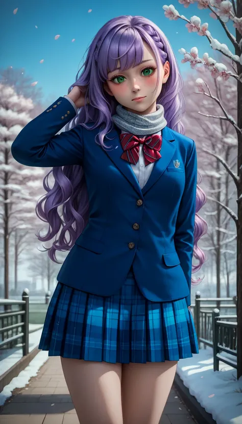 masterpiece, best quality, amazing quality, very aesthetic, absurdres, photorealistic, 1girl, solo,wien, long hair, wavy hair, purple hair, green eyes, braid,
medium breasts, otonokizaka school winter uniform, collared shirt, diagonal-striped bowtie, plaid...