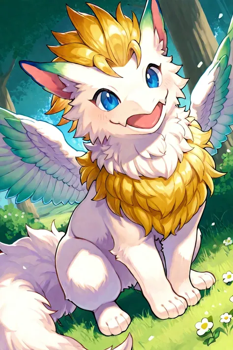 The hairstyle is a mohawk、Corniche


young face、square。
細くて短め尻尾

chibi

feathered Wings, Wings, Neck fur, low Wings


Draw Ramco from Seiken Densetsu: Visions of Mana. Ramco is a  of a sacred beast with fluffy white fur and a golden mane, resembling a smal...