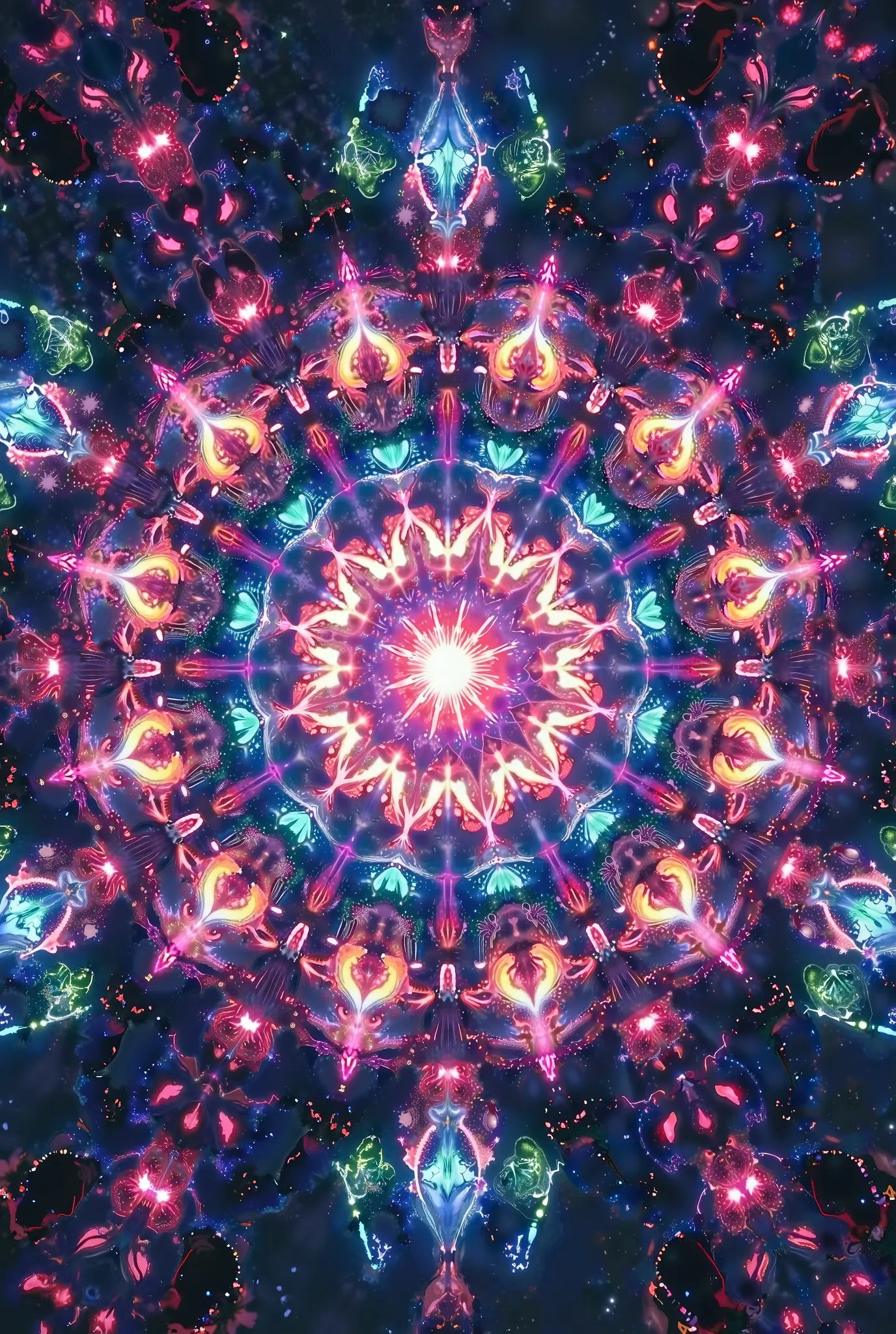 "A mesmerizing, kaleidoscopic mandala with intricate, symmetrical patterns, spinning gracefully in a hypnotic motion. The colors shift dynamically, blending vibrant neon hues with deep cosmic tones, creating a portal-like illusion. The central point glows ...