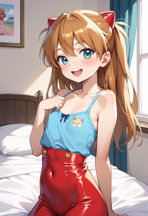 ((TOP QUALITY)), ((masterpiece)), (be familiar with),  perfect face, indoors, bedroom, watching viewers,
One woman, Soryu Asuka Langley,
 open mouth, ecstatic expression, blush, smile,
 small tits,  flat chest, Young girl,  lori,  ,  girl,
 long hair, two ...