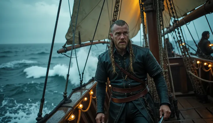 [Tracking shot] from a [low, dynamic angle], set on the [deck of a weathered ship under a stormy sky], captures [Vikings], a [mid-30s] man with a [lean build], [angular] facial structure, . In the background, [sailors struggle to control the sails as light...