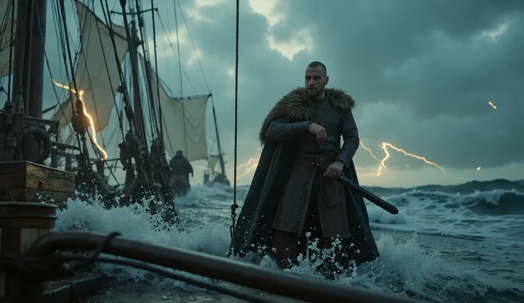 [Tracking shot] from a [low, dynamic angle], set on the [deck of a weathered ship under a stormy sky], captures [Vikings], a [mid-30s] man with a [lean build], [angular] facial structure, . In the background, [sailors struggle to control the sails as light...