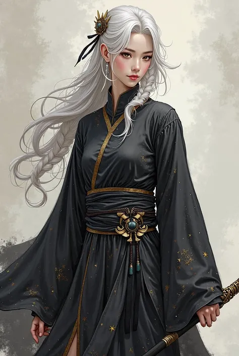 Draw me a ninja from Way of the Shadow Drow, with Asian physiognomic traits. Deve essere una elfa con la pellenera come i Drow di dungeon and dragons. The white hair a bit wavy and collected in a long side braid. Clothes must be classic Chinese style, but ...