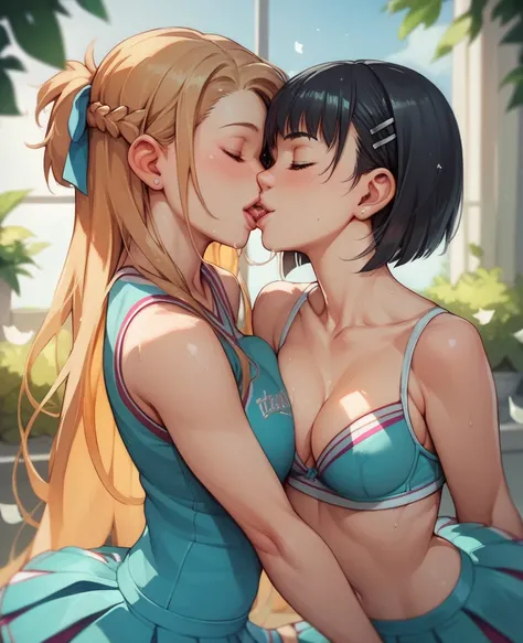 Asuna in cheerleader costume lovingly caressing and kissing Suguha in lingerie in a garden (lesbians) (Star)