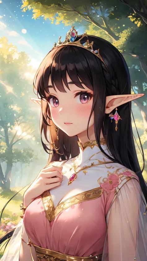 (masterpiece:1.3, best quality:1.3, ultra detailed:1.2)

(ethereal beauty:1.2, divine presence:1.2, heavenly:1.2)

(upper body shot:1.2, portrait composition:1.2, looking at viewer:1.2)

(beautiful elf princess:1.3, young female:1.2, gentle and kind:1.2)
B...