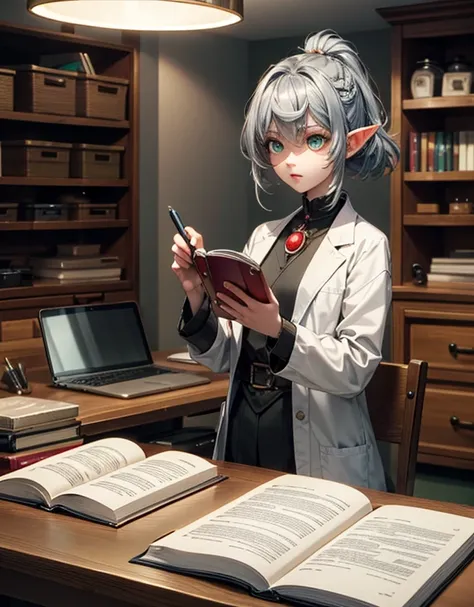 A dark elven woman\(silvery bob hair, green eyes, white lab coat\) is holding a glowing mushroom cultivation container in her hands and looking at it. On the desk are an open book, an open notebook, a test tube rack with several test tubes filled with colo...