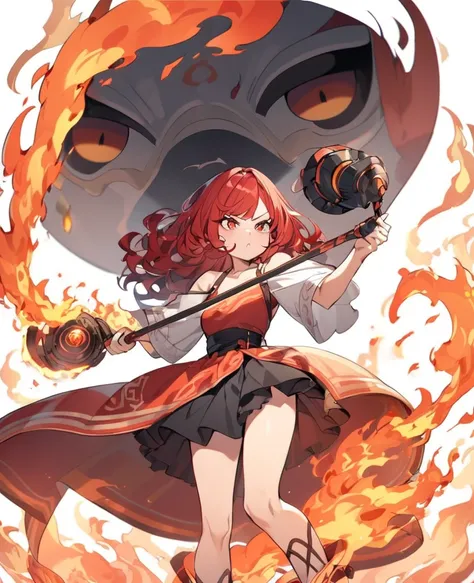 A fire spirit, Pouty woman, red hair, Red eyes, fire powers, 