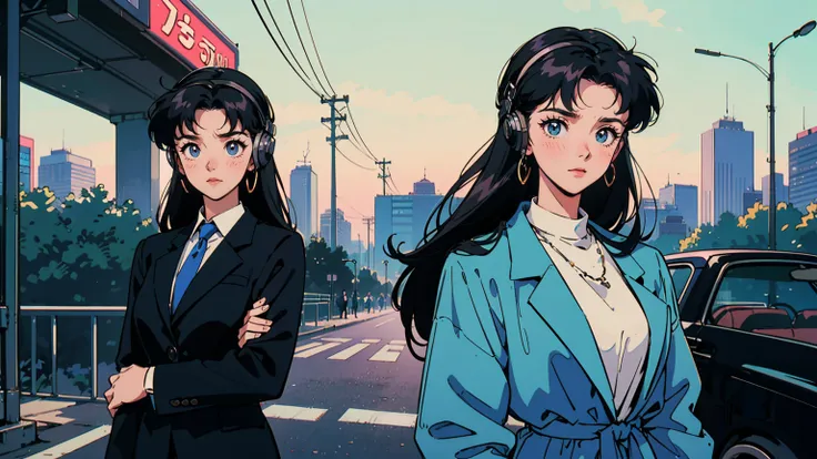 1 woman, Best Quality, 8k, 1980s Style, 1980s Hairstyle , Very beautiful 24 year old girl standing on a road at Tokyo, Tokyo neon cityscape, Black Hair ,Droopy black eyes, Long Hair, Big Breasts, ((Wear big headphones)),  characters  I can't control my lig...