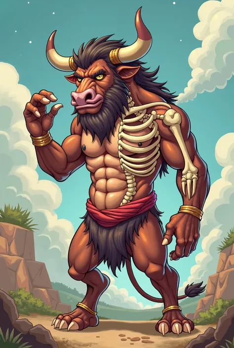 front viewed minotaur with the right part os his body as a skeleton and with his left hand up, cartoon style