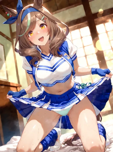  masterpiece, TOP QUALITY,  ridiculous,
Matikane Tannhauser \(Uma Musume\), 1 girl,  horse ears,  Mahogany, blush, viewers, smile,  open your mouth,  fingerless blue gloves , midriff, viewers,  cheerleader,  rah-rah skirt ,  cropped jacket , short sleeves ...