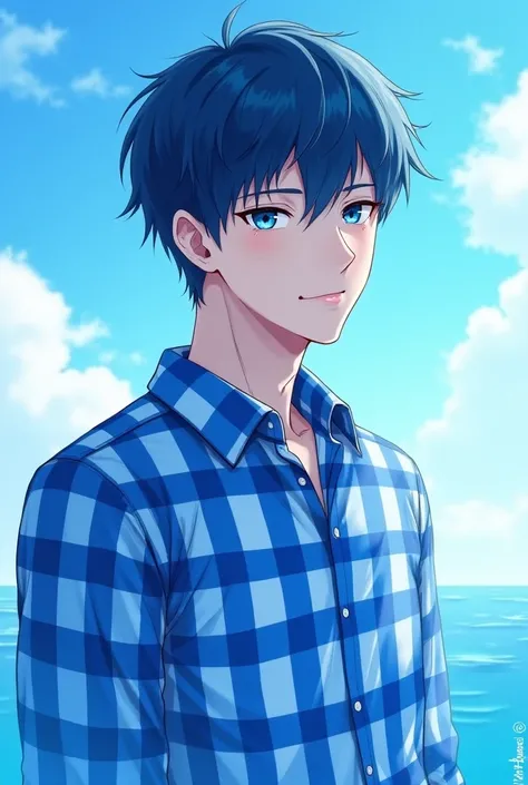 man, by the blue, blue checkered shirt, anime