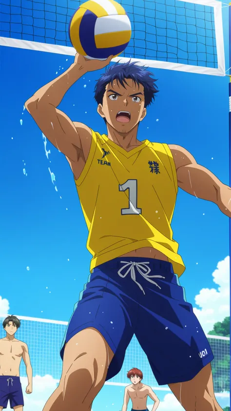 ultra detailed, masterpiece, very aesthetic, anime screencap, male focus, Theme: Beach Volleyball Game, men's team, ((swimming trunks)), volleyball, block, competitive atmosphere