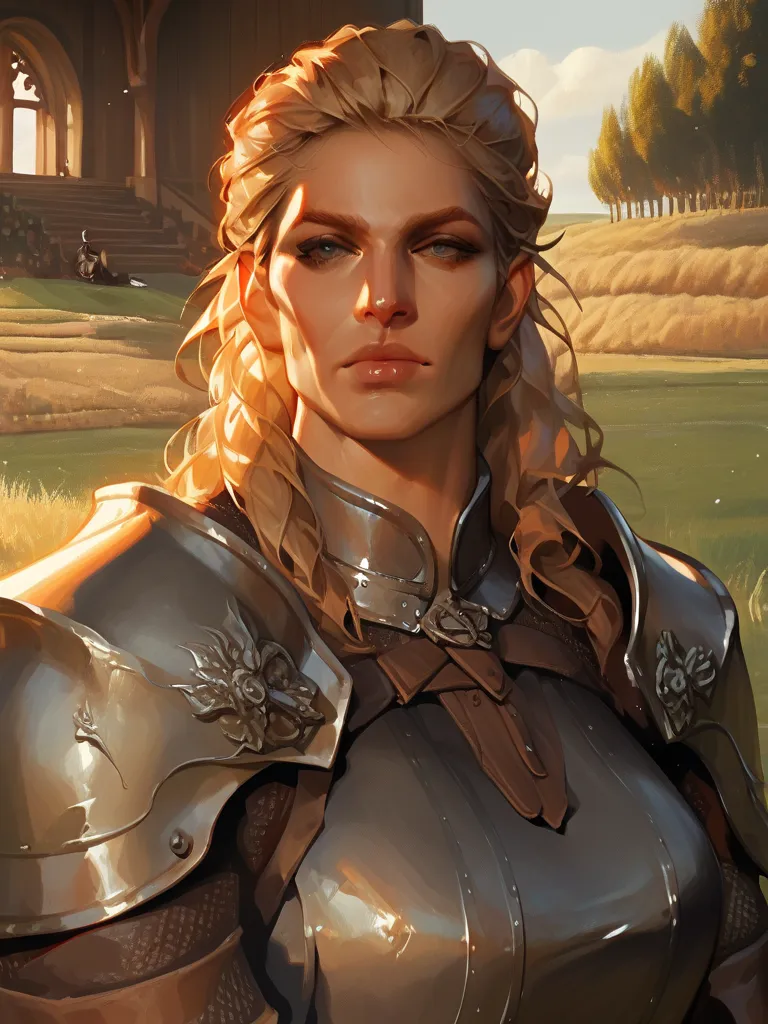 score_9, score_8_up, score_7_up, artfy, Painting of a mature muscular beefy woman, dressed in a medieval armor, with large breasts, huge breasts, and rotund rear. She is seriously staring at the viewer. Medieval manor background. Grassy fields. Front facin...