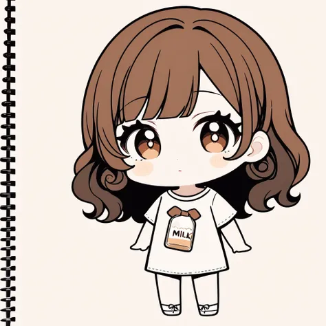 Girl‚ brown eyes‚ beautiful eyelashes‚ lips‚ brown hair‚ short brown hair‚ short curly brown hair, big milk shirt, cores pastéis e vibrantes, estilo chibi, lineart, simple background, (watercolor:0.5)