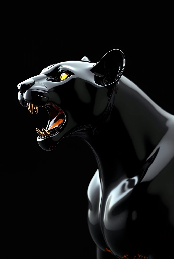 A highly detailed 3D-rendered black panther, its head and neck  made of glossy, reflective black material resembling polished obsidian or liquid metal. The panther is in a dynamic, a side view roaring pose, with its fangs bared and eyes glowing subtly. The...