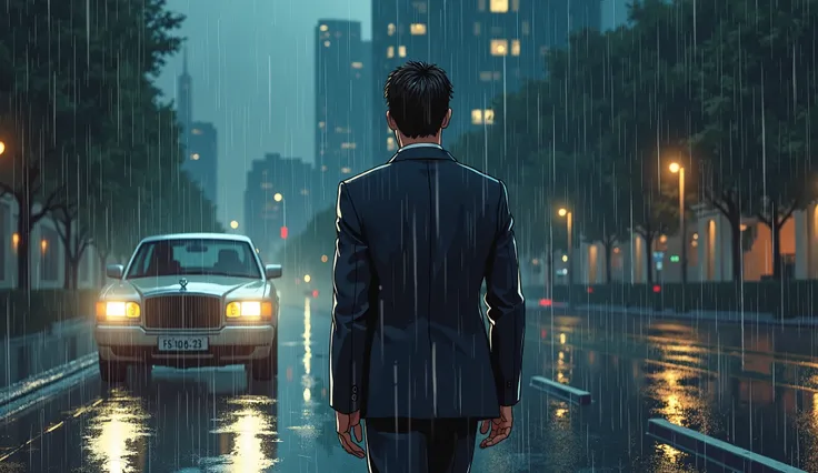 "Anime-style illustration of a man in a soaked business suit walking alone in the rain, looking defeated. In the background, a luxury car drives away, with a confident woman in the back seat. The scene is cinematic, dramatic lighting emphasizing contrast b...