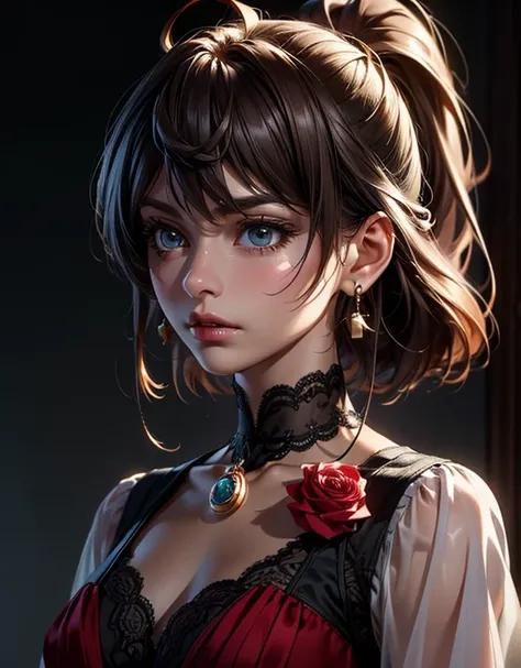 ( extremely detailed CG unit 8k wallpaper,  masterpiece ,  The best quality ,  Ultra detailed), ( The best lighting , Best shadow), 45 year old Spanish woman, maduro,  square face , wearing a red rose on the neck of the necklace , She wears a black lace dr...