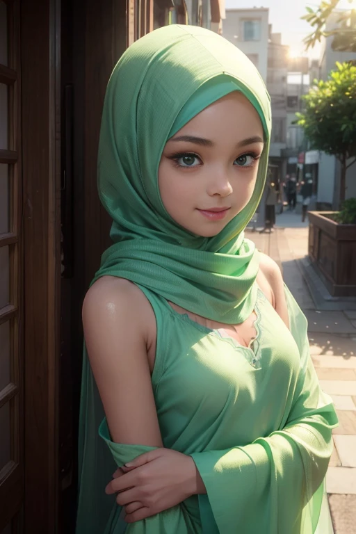 (night scene, close up photo of a sexy naked malay girl with hijab, posing, look at a camera and smile, green pastel hijab, (green eyes:0.8), small tit, cute young face, 18 yo, soft volumetric lights, (backlit:1.3), (cinematic:1.3), intricate details, (Art...