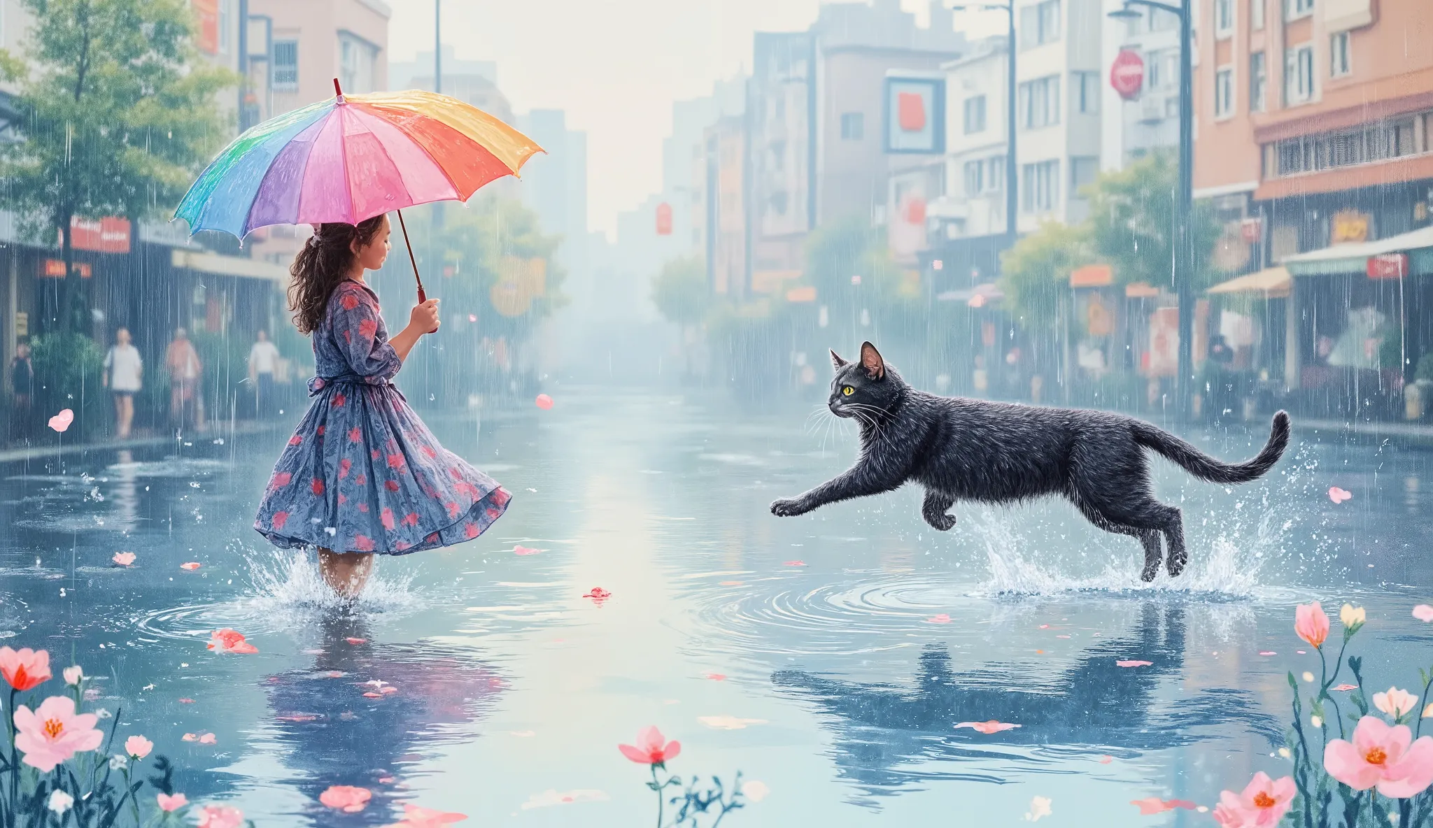 Playing in the rain with watercolor reflections. The cat, with its fur rendered in gentle strokes of black and gray, leaps through puddles that reflect the pastel sky. Its owner spins with a translucent umbrella that casts soft rainbow hues onto the wet gr...