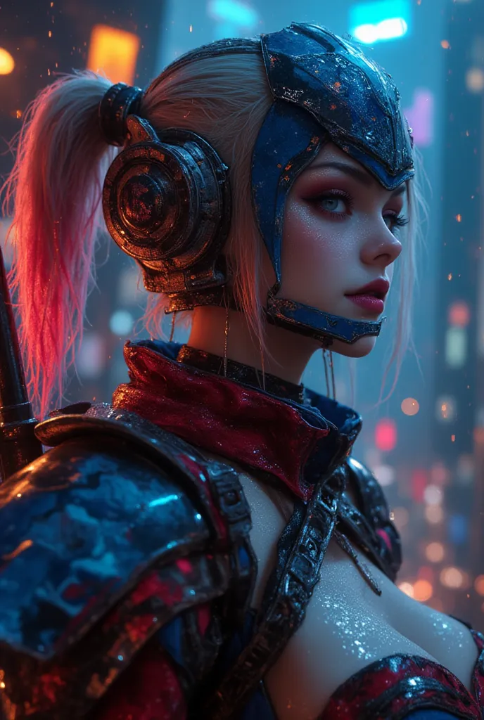 Chaotic , obsessive and violent,Laugh harley quinn as the mistress mayhem, legendary Ancient japanese violent knight, beauty intricate face, tubuh bugar yang voluptaus, wear intricate mechanical samurai cyber big heavy armor with Futuristic glow headgear, ...