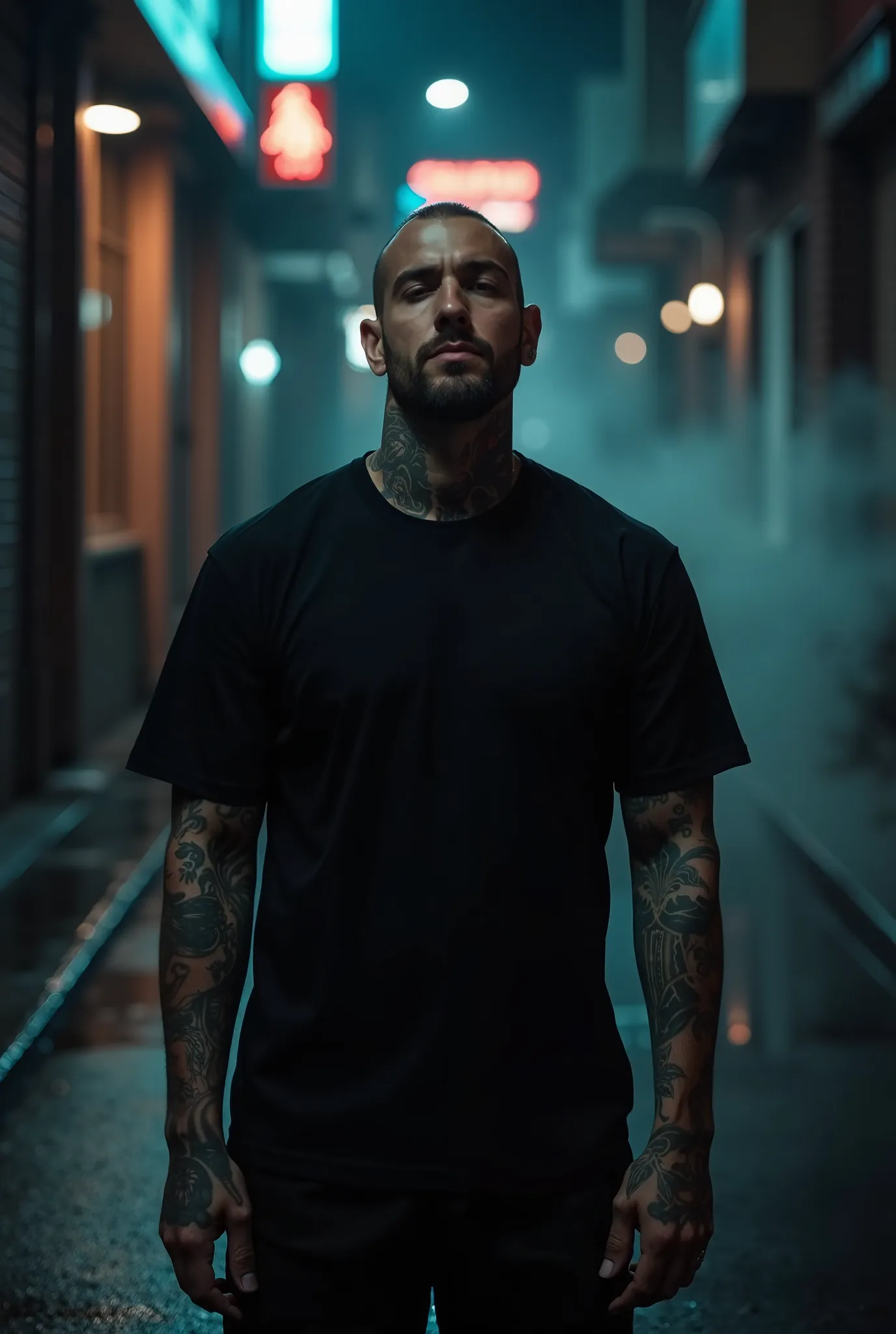 "A heavily tattooed male figure standing in a moody, dimly lit urban alleyway at night. He wears a plain black T-shirt that blends into the shadowy environment, emphasizing the intricate tattoos on his arms and neck. The setting is gritty, with wet pavemen...