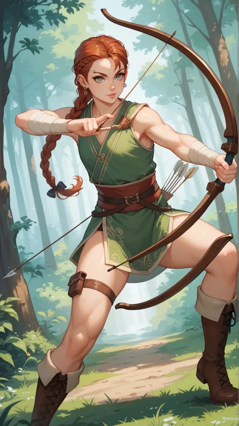 1girl, long braided auburn hair, piercing grey eyes, lean and agile physique, an archer's outfit, silver aura emanating her body, In anime art style, street style fashion, earthy green and cream combination, archer's boots, standing, dynamic pose, feminine...