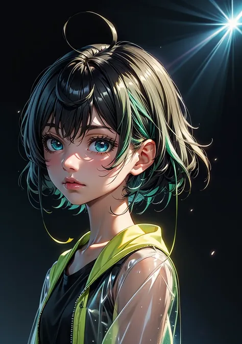 （masterpiece, best quality,8K,CG）,1girl,short hair, (black hair |green  hair)， rainbow color haircolorful hair，Gradual hair color，
(Transparent plastic jacket:1.2)，Black T-shirt,(simple background:1.2)   ,shiny, light particles, mole under eye, hair bobble...