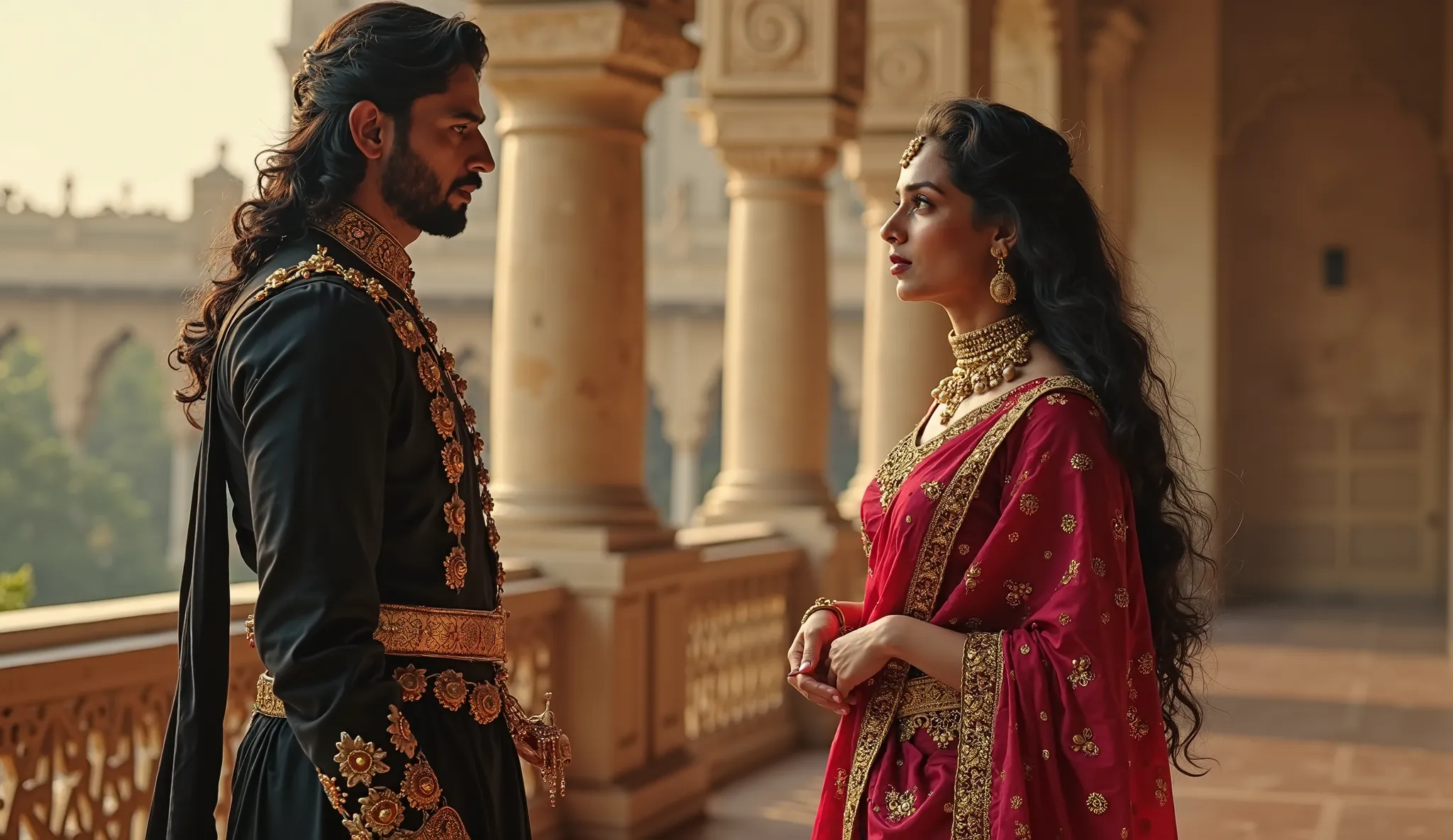 Use write colours and create an ultra HD 4K Quality realistic cinematic style"Sikandar, in a black soldier’s attire with a sword at his side, stands on the grand balcony of the palace. His sharp eyes meet Rajkumari’s as she listens, her red and gold leheng...