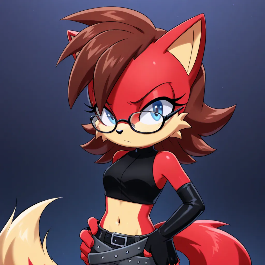 Fiona the Fox, 1girl, blue eyes, brown hair, medium hair, red fur, yellow fur, two-tone fur, bare shoulders, elbow gloves, fingerless gloves, navel, crop top, sleeveless shirt, belt,Glasses,Girls