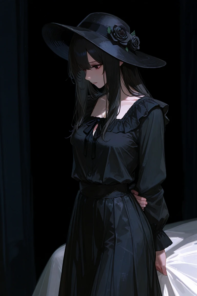 A tall , standing,in a black skirt, black long sleeve blouse with ruffles, black hair, wearing a black hat on her head that covers her entire face, who has a black rose on top, looking down with your hands behind your back 